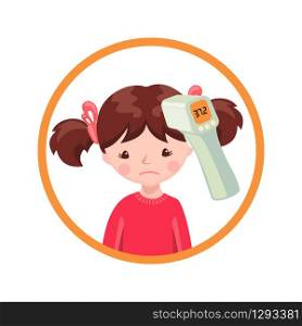 A girl with contactless infrared thermometer isolated on white background.Illustration in flat cartoon style. Vector illustration.. A girl with contactless infrared thermometer isolated on white background.