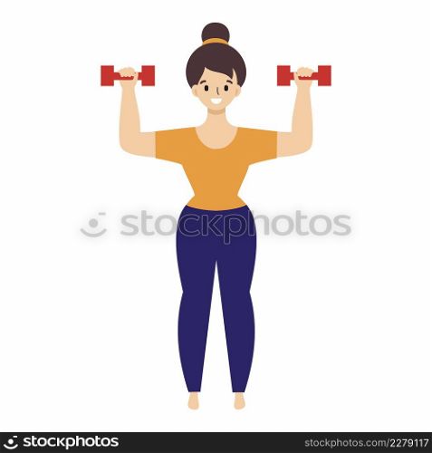 A girl with dumbbells does an exercise on her hands.