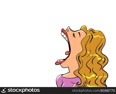 A girl with golden hair opens her mouth wide. Customer consumption. Comic cartoon pop art retro vector illustration hand drawing. A girl with golden hair opens her mouth wide. Customer consumption.
