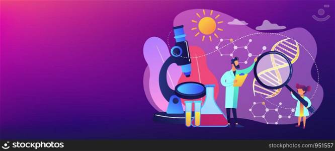 A girl with magnifier and scientist carry out an experiment, tiny people. Kids Science camp, young scientists lessons, kids laboratory tests concept. Header or footer banner template with copy space.. Science camp concept banner header.