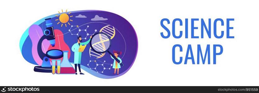 A girl with magnifier and scientist carry out an experiment, tiny people. Kids Science camp, young scientists lessons, kids laboratory tests concept. Header or footer banner template with copy space.. Science camp concept banner header.