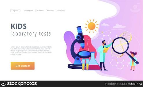 A girl with magnifier and scientist carry out an experiment, tiny people. Kids Science camp, young scientists lessons, kids laboratory tests concept. Website homepage landing web page template.. Science camp concept landing page.