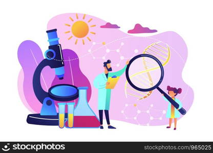 A girl with magnifier and scientist carry out an experiment, tiny people. Kids Science camp, young scientists lessons, kids laboratory tests concept. Bright vibrant violet vector isolated illustration. Science camp concept vector illustration.