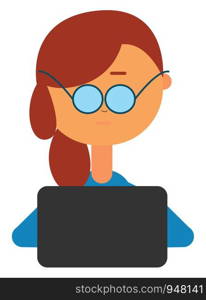 A girl working with laptop wearing blue glases , vector, color drawing or illustration.