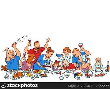 A girls birthday, a big family at a festive table. Lots of food, snacks and drinks. Comic cartoon modern style hand contour illustration. A girls birthday, a big family at a festive table. Lots of food, snacks and drinks