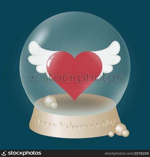 A glass globe on a gold base with a red heart inside. Red heart with white wings and gold pearls inside glass globe on blue background. 3D vector illustration. Love sign concept.. glass globe on a gold base with a red heart inside