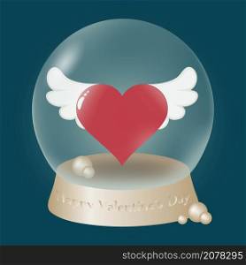 A glass globe on a gold base with a red heart inside. Red heart with white wings and gold pearls inside glass globe on blue background. 3D vector illustration. Love sign concept.. glass globe on a gold base with a red heart inside