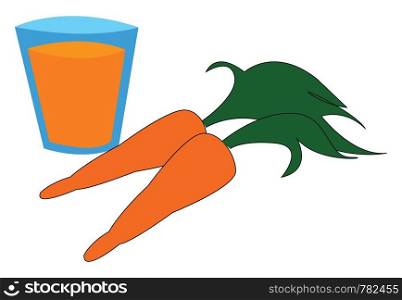 A glass of carrot juice next to two carrots, vector, color drawing or illustration.