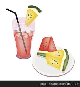 A Glass of Watermelon Cocktail and Dish with Slice of Red and Yellow Watermelon