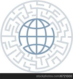 A globe in a radial maze as a Puzzling World symbol.