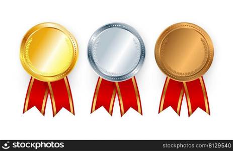 A Gold Silver BronzeRealistic 3d gold, silver, bronze medal with red ribbons closeup isolated on white background. Awards for first, second and third places. Vector illustration. badge. Vector illustration. Realistic 3d gold, silver, bronze medal 