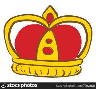 A golden king's crown with red base and red stones, vector, color drawing or illustration.