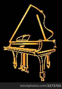 A golden piano stylized sketch over black