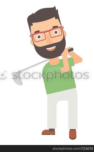 A golf player hitting the ball vector flat design illustration isolated on white background.. Golf player hitting the ball.