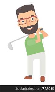 A golf player hitting the ball vector flat design illustration isolated on white background.. Golf player hitting the ball.