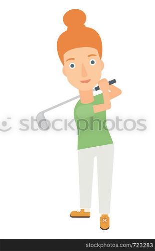 A golf player hitting the ball vector flat design illustration isolated on white background. . Golf player hitting the ball.