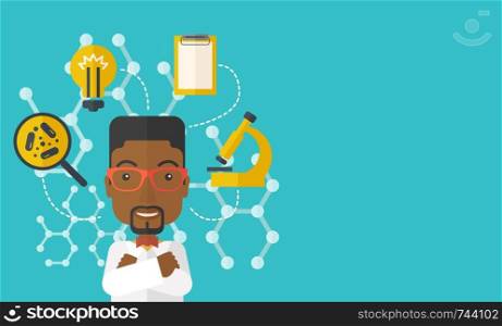 A good looking intelligent black guy thinks about medical study. A Contemporary style with pastel palette, soft green tinted background. Vector flat design illustration. Horizontal layout with text space in right side.. Man thinks about medical study.