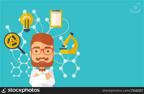 A good looking intelligent man thinks about medical study. A Contemporary style with pastel palette, soft green tinted background. Vector flat design illustration. Horizontal layout with text space in right side.. Man thinks about medical study.