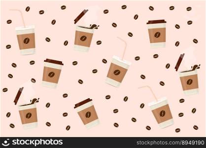 a grains of black roasted fresh coffee with paper cups latte espresso cappuccino texture pattern. grains of black roasted fresh coffee with paper cups latte espresso cappuccino texture pattern