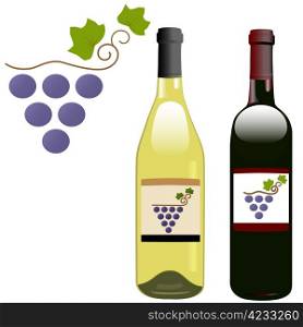 A grape vineyard symbol on the labels of red & white rhone & bordeaux shape wine bottles.