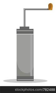 A gray coffee grinder with metal rod, vector, color drawing or illustration.