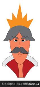A gray haired king with a mustache and a gold crown, vector, color drawing or illustration.