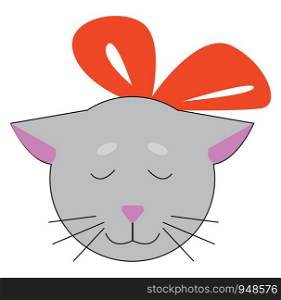 A gray kitten with a pink nose and an orange ribbon, vector, color drawing or illustration.