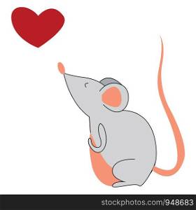 A gray mouse with a brown tail and a big red heart, vector, color drawing or illustration.