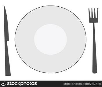 A gray or silver knife and fork and a round white plate., vector, color drawing or illustration.