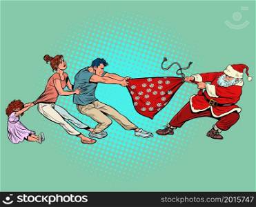 A greedy family takes a bag of gifts from Santa Claus. Christmas and New Year winter holidays. Pop Art Retro Vector Illustration 50s 60s Kitsch Vintage Style. A greedy family takes a bag of gifts from Santa Claus. Christmas and New Year winter holidays