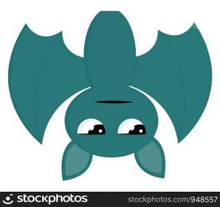 A green bat hanging upside down with a sparkling eyes, vector, color drawing or illustration.