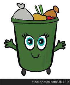 A green big garbage which is filled with waste , vector, color drawing or illustration.