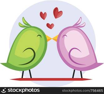 A green bird and a violet bird kissing vector illustrtation in light blue circle on white background.
