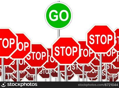 A green GO sign symbol rises above negative STOP Signs.