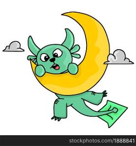 a green lizard hanging from the crescent moon. cartoon illustration sticker mascot emoticon