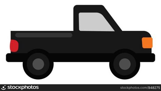A green pickup truck with yellow lights designed to load materials on the bed and to reach the desired place, vector, color drawing or illustration.