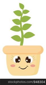 A green plant with leaves on the medium-sized stem growing on orange flower pot that has a cute little face with eyes crossed and a closed smile, vector, color drawing or illustration.