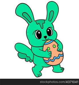 a green rabbit child walks holding an easter egg