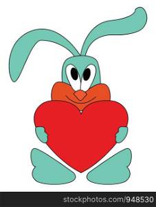 A green rabbit holding a big red heart, vector, color drawing or illustration.