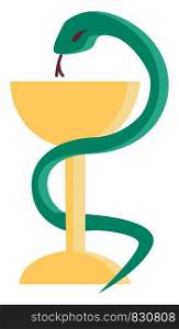 A green serpent coiled to yellow-colored champagne glassware is about to taste the drink filled in it vector color drawing or illustration