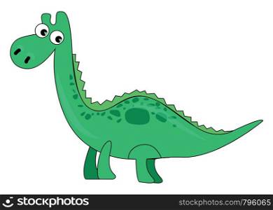 A green spinosaurus with dark green spots and short legs, vector, color drawing or illustration.