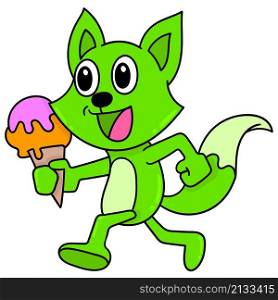 a green weasel walking with a happy face ice cream food