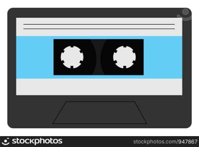 A grey cassette with blue stripes and black reel to record songs to it, vector, color drawing or illustration.