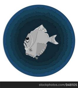 A grey hatchetfish with a big bowl is swimming in deep water, vector, color drawing or illustration.