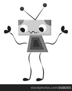 A grey robot with two legs and two hands , vector, color drawing or illustration.
