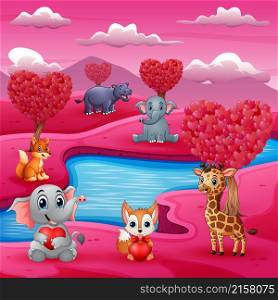 A group of animals celebrate valentines day by the river