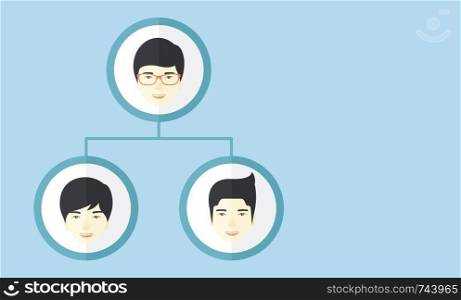 A group of asian man gather to have a business meeting and brainstorming. Business group concept. A Contemporary style with pastel palette, soft blue tinted background. Vector flat design illustration. Horizontal layout with text space in right side.. Company Business meeting and brainstorming
