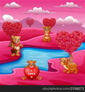 A group of bears on the river bank with pink scene