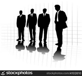A group of business men in a line up on a grid with a lone man out in front