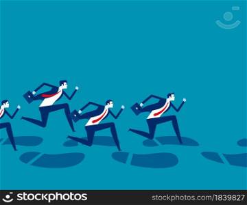 A group of business people running along huge footprints